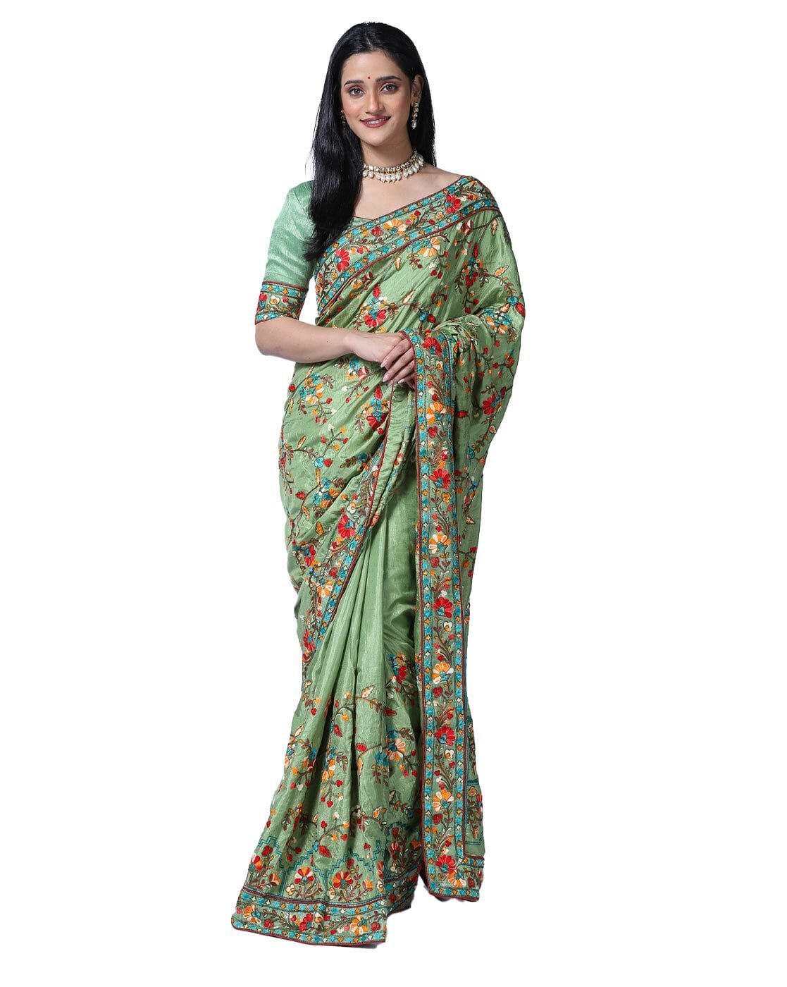 1117Wx1400H-466617904-green-MODEL.jpg Embroidered Saree with Lace Border - Image 1