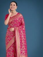 Silk Rani Pink Zaal Pattern Saree with Unstitched Blouse - Image 3