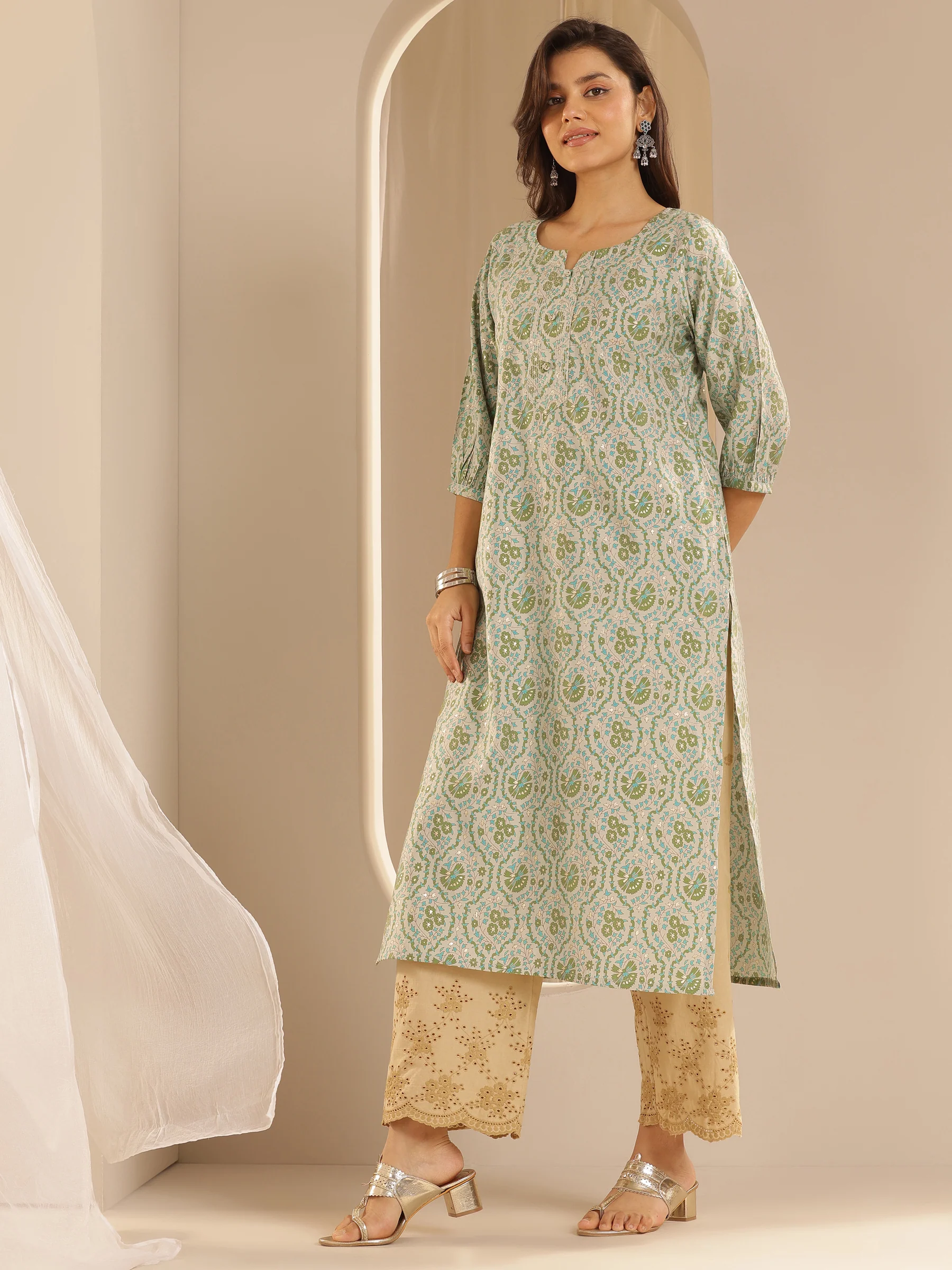 29220M_2.webp Green Printed Silk Straight Kurta - Image 1