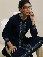 Blue Embroidered Wool Straight Kurta - Image 2