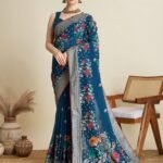 Women Blue Cotton Floral Saree with Unstitched Blouse