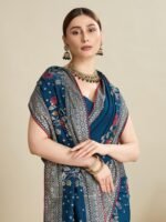 Women Blue Cotton Floral Saree with Unstitched Blouse - Image 4