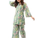 Women's Trendy Printed Cotton Blend Straight Light Green Color Kurta and Palazzo Set