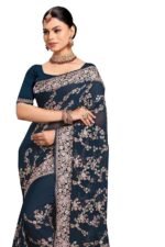 Teal Blue Zari Resham Embroidered Georgette Saree Sari with Matching Blouse Piece - Image 3