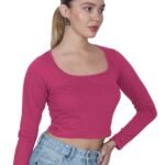 Square Neck Long Sleeve Stylish Cotton Crop Top for Womens, Readymade Saree Blouse