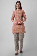 Women's Cotton Short Kurta with Pants - (Orange) - Image 2