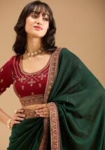 Bottle Green Gold Zariwork Soft Raw Silk Saree - Image 2