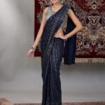 Silver and Blue Sequin Embellished Crop Top and Pre-Stitched Saree (Set of 2)