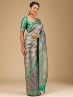 Rama Green Swarovski Raw Silk Saree with Unstitched Blouse - Image 2