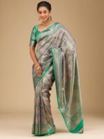 Rama Green Swarovski Raw Silk Saree with Unstitched Blouse - Image 4