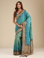 Turquoise Blue Zari Georgette Saree with Unstitched Blouse - Image 5