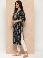 Black Embellished Cotton Straight Kurta - Image 2