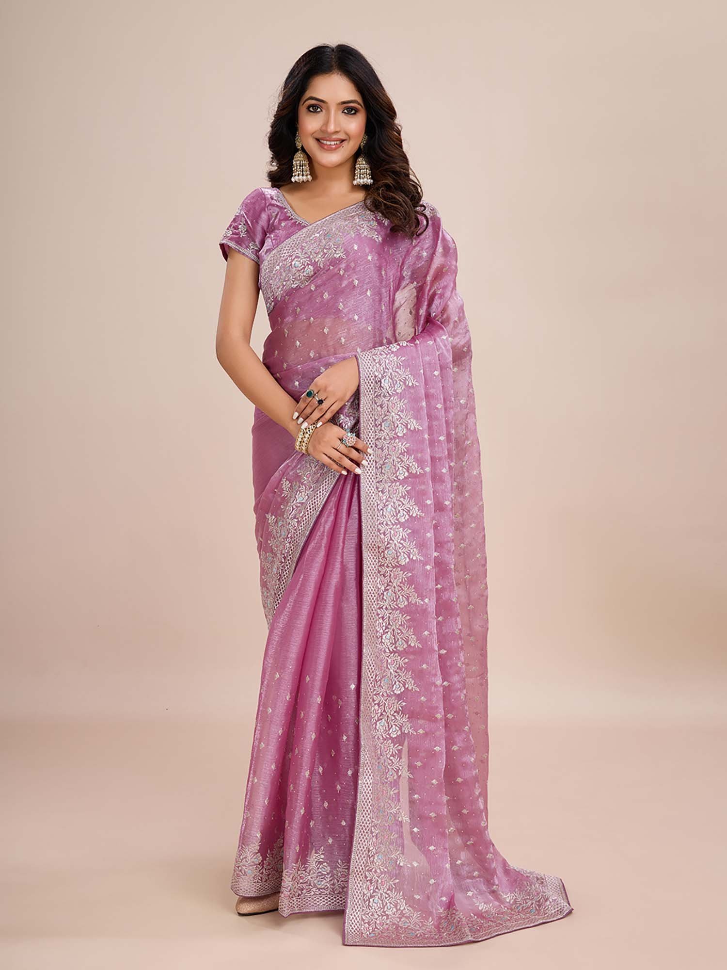 d2a34ca2277LAVENDERREADYTOWEAR_1.jpg Lavender Embroidered Pre-Drapped Saree with Unstitched Blouse - Image 1