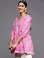 Pink Printed Cotton A-Line Kurti - Image 4