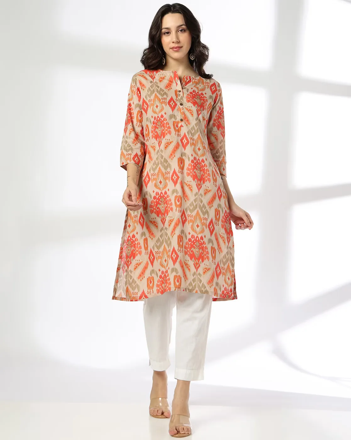 1117Wx1400H-443090678-beige-MODEL4-1.webp Women Ikat Print Straight Kurta - Image 1