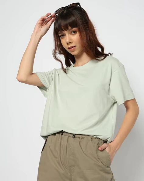 473Wx593H-443074590-lightolive-MODEL.webp Women Regular Fit Crew-Neck Cotton T-Shirt - Image 1