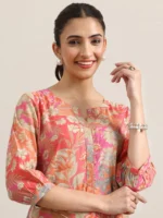 Peach Printed Silk Blend Straight Kurta - Image 3