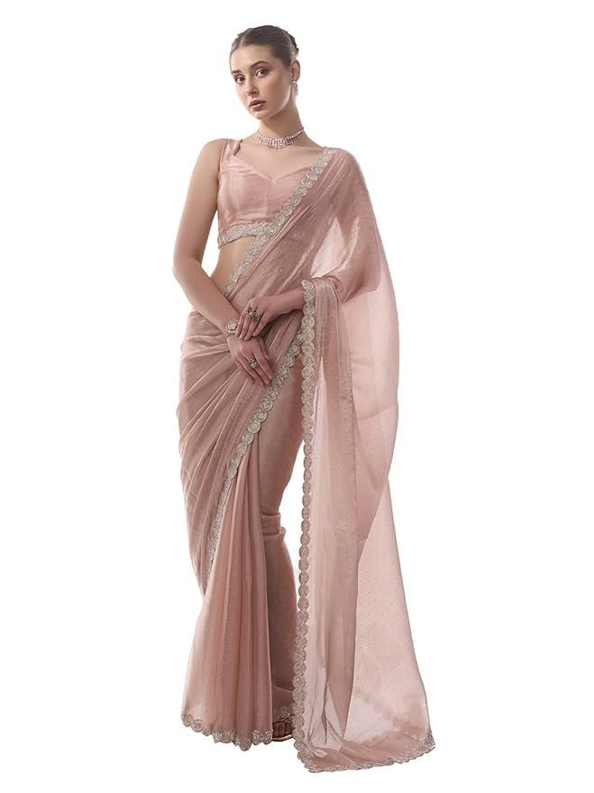 61SEyDRjd3L._SY879_.jpg Women's Chiffon All Over Fix Diamond & Lace Work Saree With Art Silk Matching Unstitched Blouse Piece - Image 1