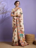 Cream Woven Viscose Saree with Unstitched Blouse