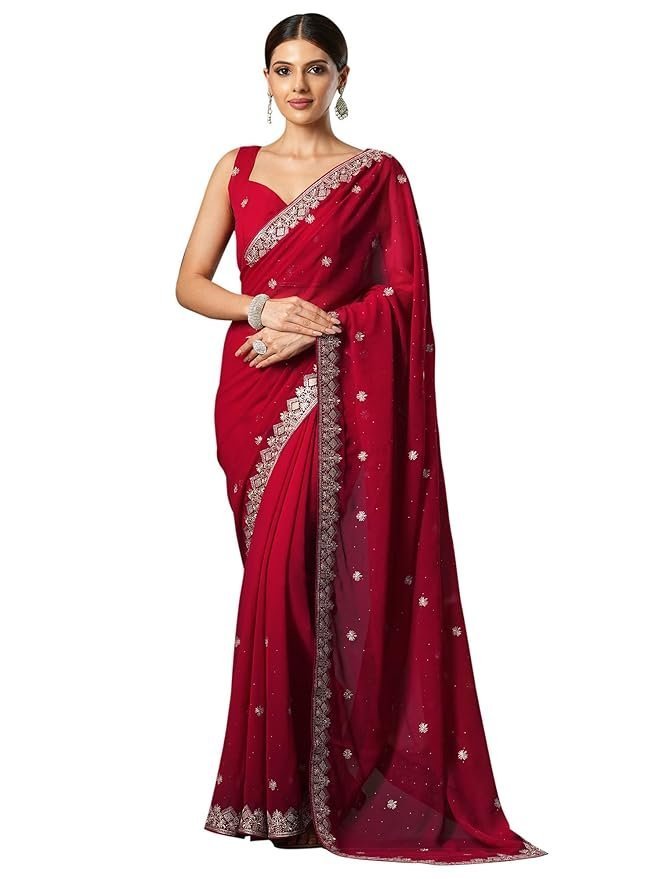 71d4byMPGIL._SY879_.jpg Women's Georgette Embroidered Saree With Unstitched Blouse - Image 1