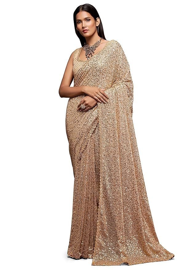 91iChxg65ML._SY879_.jpg Women's Georgette Heavy Sequins Work Heavy Saree with Blouse (Latest-Sequins-Party-Saree) - Image 1