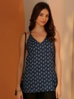 Navy blue Printed Cotton Straight Short Kurti