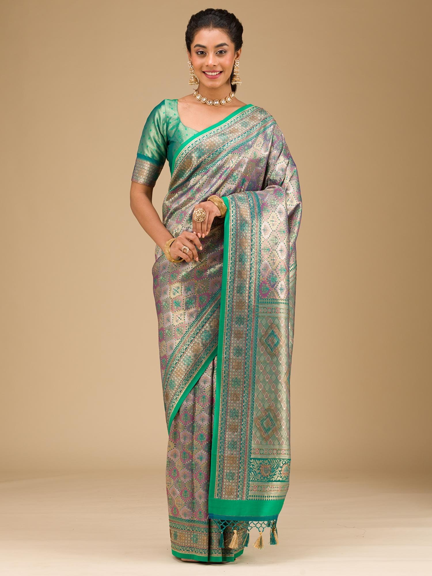 ad10b11SAUS0038772RAMAGREEN_1.jpg Rama Green Swarovski Raw Silk Saree with Unstitched Blouse - Image 1