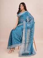 Blue Embroidered Pre-Drapped Saree with Unstitched Blouse - Image 4