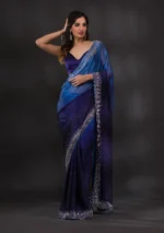 Ombre Navy Blue Stonework Satin Designer Saree - Image 2